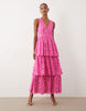 VILA tiered v neck jacquard maxi dress in pink