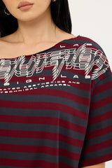 Neovision Corrupt Off Shoulder Relaxed Tee Burgundy Stripe