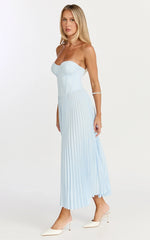 Loretta Midi Dress - Lace Up Back Bustier Pleated Dress in Light Blue