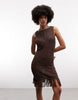 knit fringe mini beach dress in metallic brown
