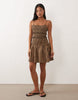 Petite crinkle mini dress with shirred dropped waist in navy and tan gingham