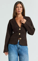 Nerissa Cardigan - V Neck Recycled Knit Contoured Cardigan in Chocolate