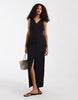 V-neck column midi dress with double slit in black
