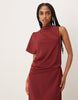 draped one sleeve slinky dress in burgundy