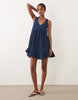 denim v neck tiered smock dress in mid blue