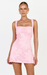Sienna Mini Dress - Square Neck Floral Embroidered A Line Dress in Light Pink