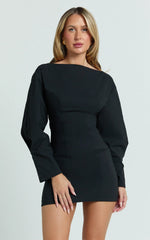 Yulia Mini Dress - Boatneck Cocoon Sleeve Fitted Dress in Black