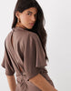 satin high neck blouson maxi dress with flutter sleeve in light brown