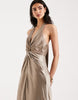Six Stories Bridesmaids satin plunge knot detail open back maxi dress in mocha