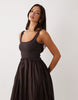 scoop ribbed bodice with poplin skirt midi dress in chocolate