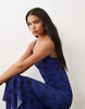 Kaiia exclusive slinky mesh strappy tiered ruffle hem maxi dress in blue and black polka dot