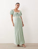 Hope & Ivy Petite satin square neck lace detail puff sleeve maxi dress in green jacquard