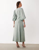 YAS knot front volume sleeve satin midi dress in milieu green
