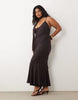 Curve bias plunge cami dress with full godets and scarf detail in chocolate