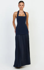Loretta Maxi Dress - Contrast Halter Neck Pleated Dress in Navy