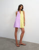 Topshop poplin halter neck deep hem trapeze mini dress in lilac and lime color block