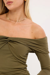 Perfect Stranger Akira Long Sleeve Twist Top Khaki Green