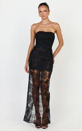 Lima Maxi Dress - Strapless Floral Embellished Column Dress in Black