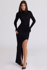 black thigh split gathered maxi dress