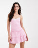 Hollister lace trim strappy tiered mini dress with built in shorts in pink stripe