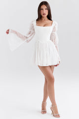 white lace puff sleeve mini dress