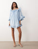 YAS bardot ruffle detail mini dress in blue