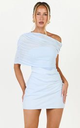 Nami Mini Dress - Overlay Off Shoulder Draped Cowl Waist Dress in Light Blue