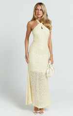 Celeste Midi Dress - Sequin Halter Low Back Dress in Lemon