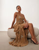 embellished shell midi dress with ruffle detail in gold