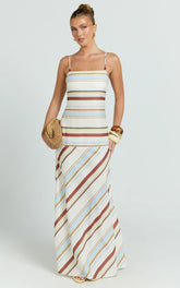Yurika Maxi Dress - Square Neck Stripe Print Slip Dress in Choco Retro Stripe