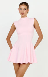 Becky Mini Dress - High Neck Sleeveless Fit And Flare Dress in Pink