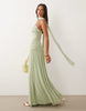 mesh ruched bust maxi dress with scarf detail in sage green