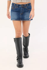 Rusty Blasted Eye Let Loose Denim Micro Skirt Blasted Deep Sea Blue