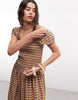 COLLUSION shirred cap sleeve midi dress in textured green plaid