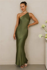 The Evangeline One Shoulder Satin Maxi Dress Olive