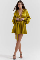 chartreuse pleated shirt dress