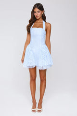 Enchanted Lily Gingham Halter Mini Dress Blue