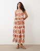 VILA beaded straps pleated cami maxi dress in red conversational print