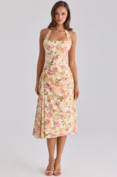 warm rose print halter neck cotton midi dress