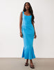 scoop neck fishtail godet midi sundress in tropical turquoise