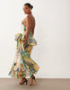 pinny double layer maxi dress with ruffle detail in blue and yellow abstract print