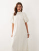 Ghospell high neck puff sleeve peplum hem midi dress in natural stripe