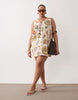 Curve cotton linen v neck smock mini dress in shell print