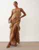 embellished shell midi dress with ruffle detail in gold