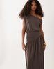 fallen shoulder asymmetric cinched waist midi dress in chocolate