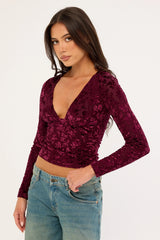 Luck & Trouble Bridie Flocked Long Sleeve V Neck Top Burgundy