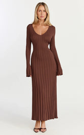Astra Maxi Dress - V Neck Long Sleeve Knit Dress in Chocolate