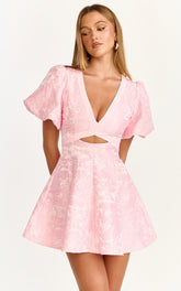 Rosalie Mini Dress - Floral Jacquard V Neck Fit and Flare Dress in Pink