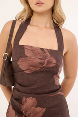Perfect Stranger Claire Linen Halter Mini Dress Brown Print