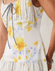 structured cotton sateen tie bust dropped waist maxi sundress in painted blue & yellow floral with gingham tie straps